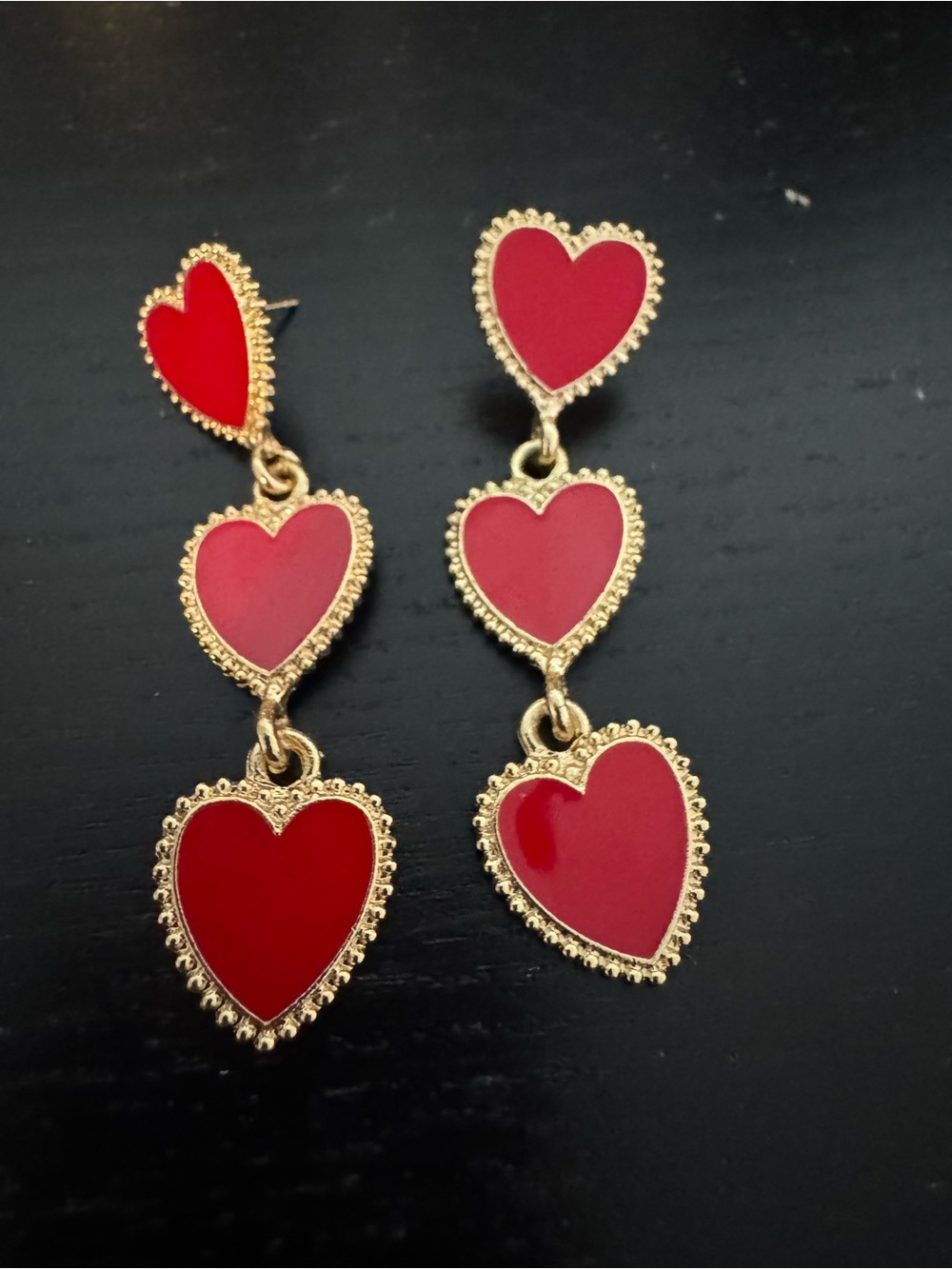 Gold-Tone Triple Red Heart Drop Earrings - Picture 3 of 9